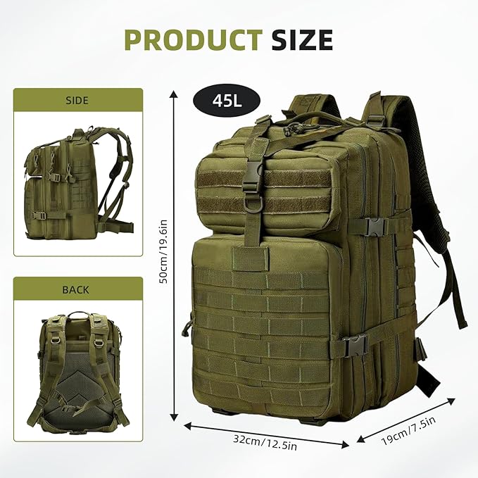 aiGear 45L Tactical Backpack for Men, All-Weather Military Assault Rucksack,3-Day Combat Pack with Molle System (45L Green)