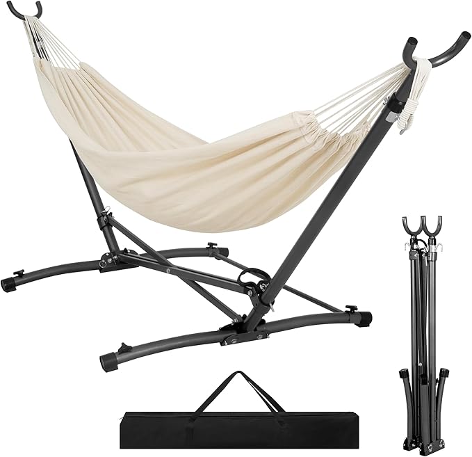 Homgava Portable Hammock with Folding Hammock Stand,Heavy Duty Steel Hammock Stand for Indoor and Outdoor with Carrying Bag,3 Holes for Height Adjustment, 550 LBS Weight Capacity,Off White