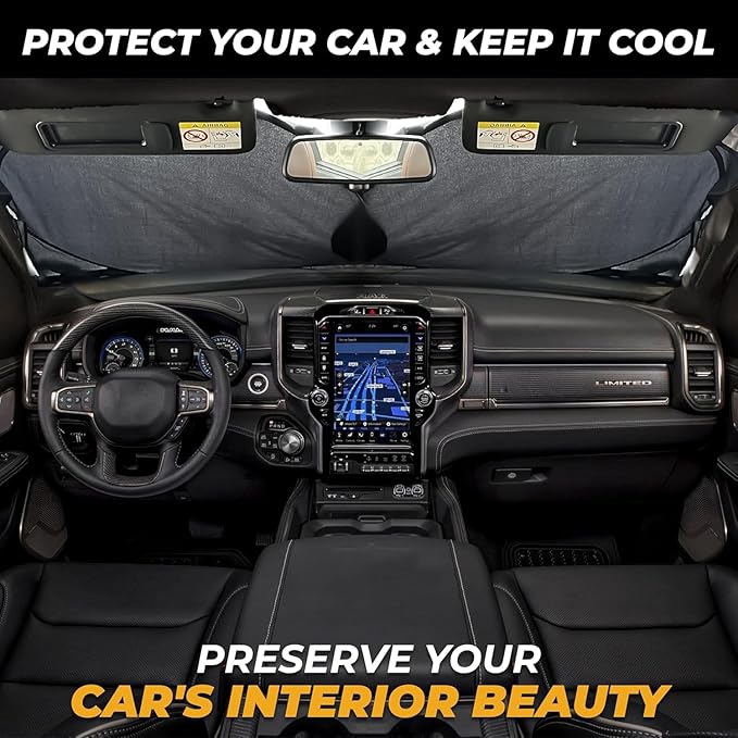X-Large Truck Front Windshield Sun Shade (69" x 35") – 280T Thickened Reflective Sunshade, Blocks 99% Heat & UV Rays, Foldable Windshield Sunshade Keeps Vehicle Interior Cool