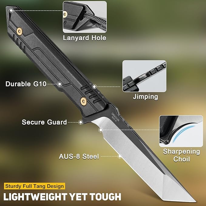 NedFoss EDC Fixed Blade Knife with Sheath, 3.7" AUS-8 Steel Tanto Blade Tactical Knife with G10 Handle, Camping Fixed Blade Small EDC Knives for Hunting, Survival