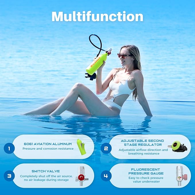 SMACO Mini Scuba Tank 1L Small Diving Tank for Underwater Breathing Portable Lung Air Tank Diving Oxygen Cylinder Kit for Emergency Rescue Boat Cleaning Backup Air Source Pony Bottle S400