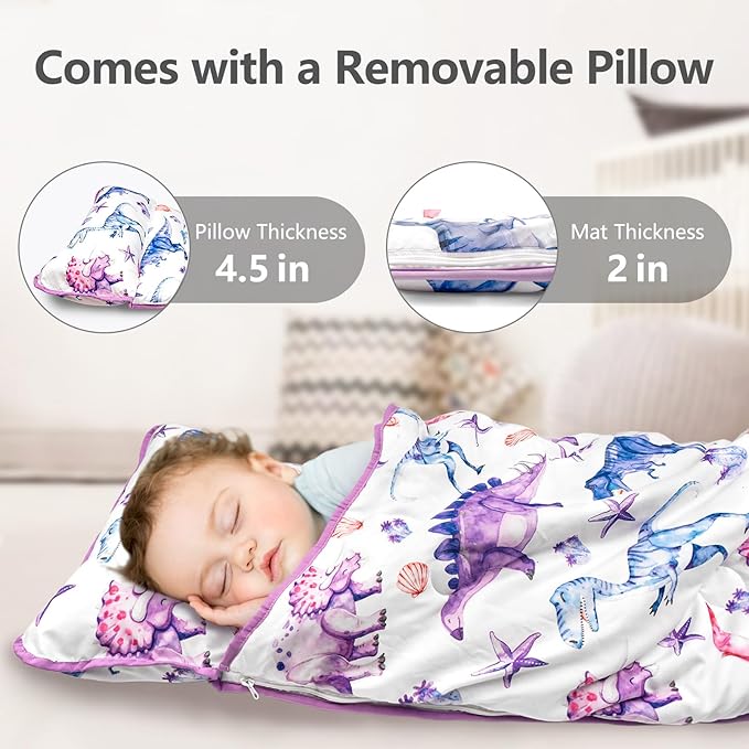 Primlect Toddler Nap Mat Extra Large Thickened 55''x35'', Soft Sleeping Bag with Detachable Minky Blanket and Pillow, Portable for Daycare, Preschool, Kindergarten, Travel, Boys and Girls