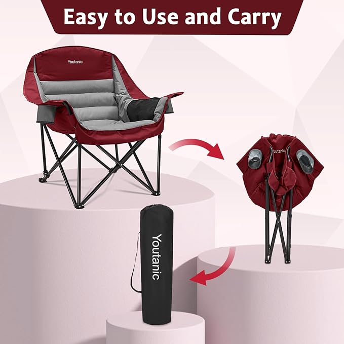 Youtanic Oversized Camping Chair, Portable Folding Camping Chairs with Side Pocket, Cup Holder and Carry Bag, Heavy Duty Outdoor Camping Chairs for Adults, Fishing, Sports, Trip, up to 400lbs, Style 3