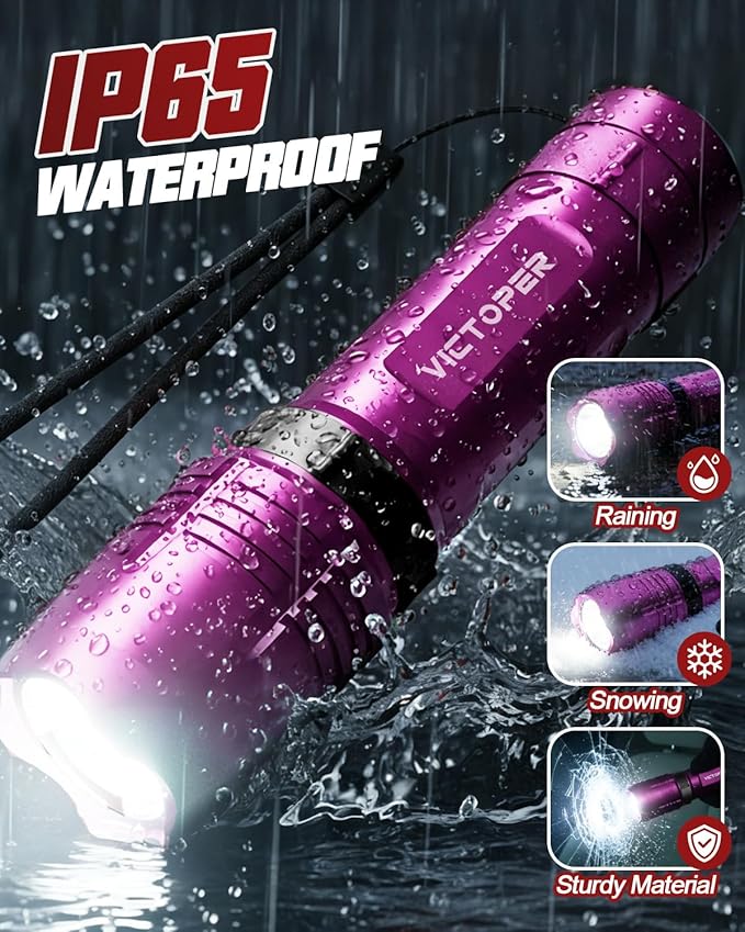 Victoper Pink Rechargeabe Flashlight 2 Pack, High Lumens 5 Modes LED Bright Tactical Flashlights, Waterproof Zoomable Flash Light for Outdoor, Gifts for Camping Essentials Gear