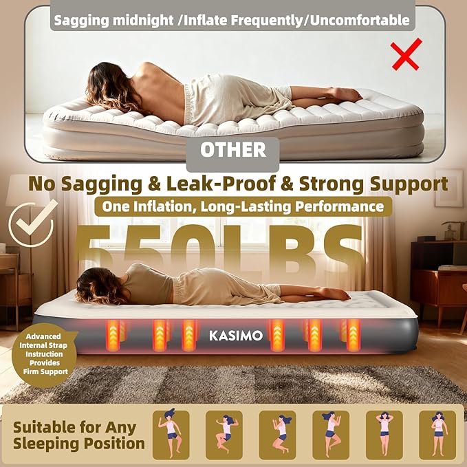 KASIMO Air Mattress Twin with Built-in Battery Powered Removable Pump, TPU Blow Up Mattress with Pillow, Strong Support All Night,No Lost Air, Compact Inflatable Air Bed for Home Guests Camping