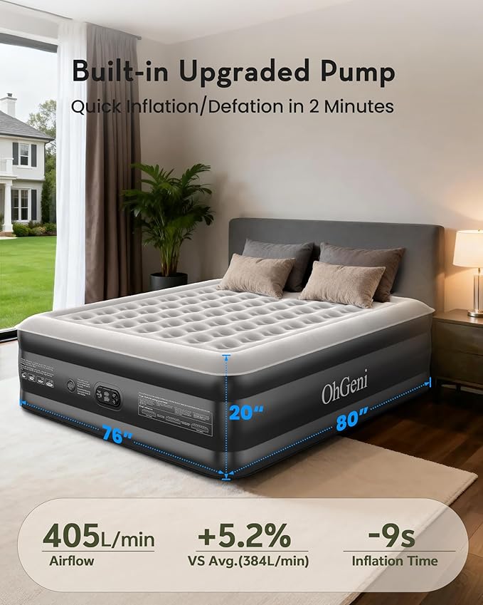 OhGeni 20" Raised King Air Mattress with Built in Pump, Luxury Real Bed Height Blow up Mattress, 3-4 Persons Inflatable Mattress for Guests & Family Party, Ideal for Elder People, 700lbs