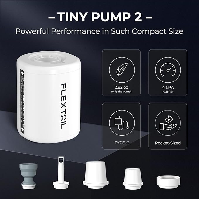FLEXTAILGEAR Portable Air Pump - Tiny Pump 2, Electric Air Pump for Inflatables 2.8oz Battery Inflator Rechargeable Air Mattress Pump for Sleeping Pads, Pool Floats, Swimming Rings White