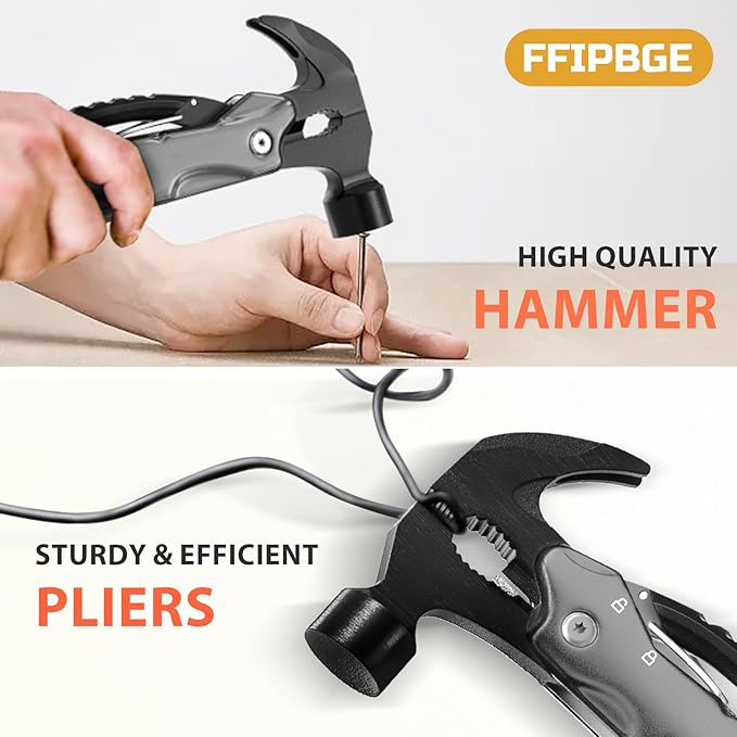 12 in 1 Hammer Multitool, Caming Mulititool with Screwdriver, Safety Lock and Durable Nylon Sheath, Christmas Stocking Stuffers for Men Adults, Birthday Gifts Survival Tools for Him, Dad, Grey