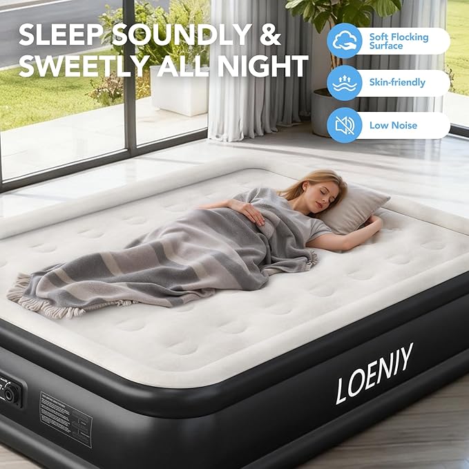 Full Air Mattress with Built-in Pump, 18” High Inflatable Mattress with Storage Bag, 3 Mins Easy Inflation/Deflation Blow up Mattress, Flocked Top Inflatable Bed for Camping, Guests & Adults