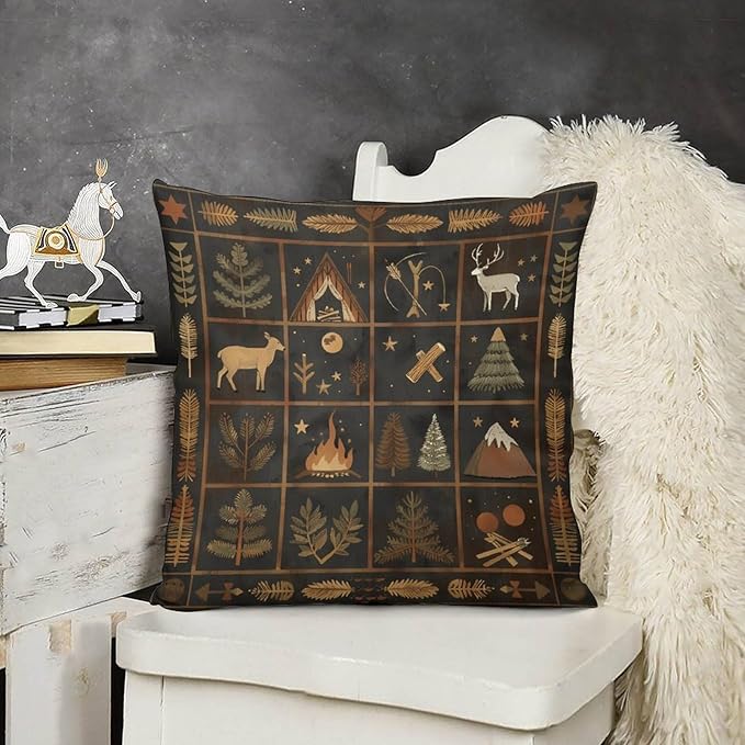 ITFRO Set of 2 Birthday Gift Wildlife Bear Deer Forest Bonfire Pine Tree Short Plush Both Sides Square Retro Checkered Throw Pillow Cover Cushion Case Farmhouse Sofa Decor 18x18 Inches (Checkered)