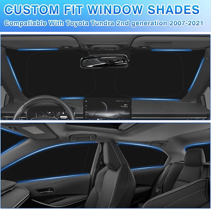 T TGBROS Windshield Sun Shade for Toyota Tundra 2007-2019 2020 2021 Car Window Shades Thicken UV Block and Blackout Privacy Foldable Sunshades 6PCS Accessories Keep Cool Sun Visor Covers