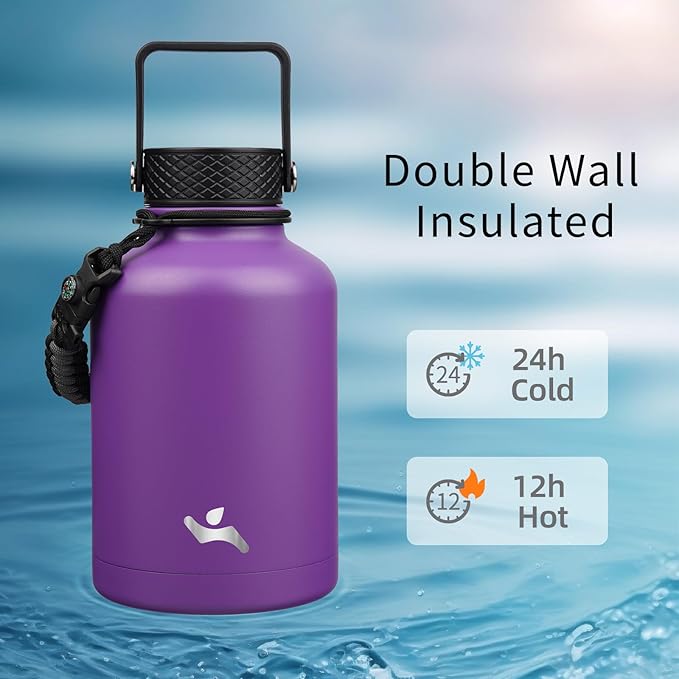 Konokyo Insulated Water Bottle with Straw,50 oz 3 Lids Water Jug with Carrying Bag,Paracord Handle,Double Wall Vacuum Stainless Steel Metal Flask,Purple
