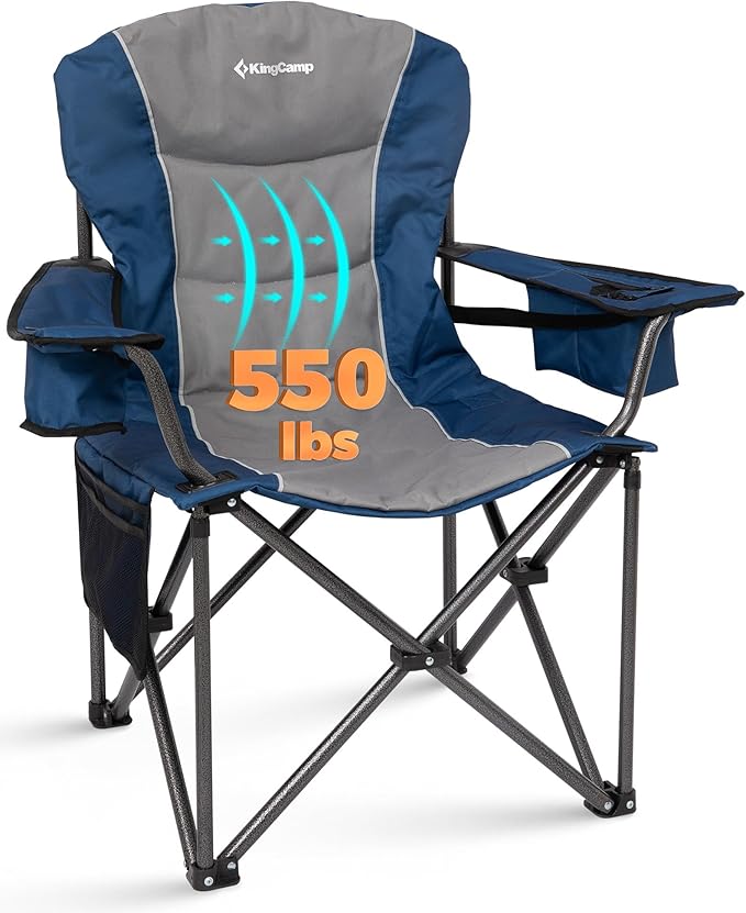 KingCamp Oversized Camping Chair with Adjustable Lumbar Support, 550lbs Heavy Duty Padded Folding Lawn Chair for Adults, Outdoor Armchair with Cooler Bag, Cup Holder & Side Pocket for Fishing, Travel