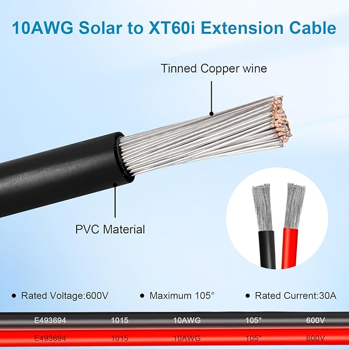 10AWG 15FT Solar to XT60i Extension Cable 3 6 10 35 50 75 100FT Heavy Duty Adapter Cable Connector to XT60i Wire for Portable Power Station, Solar Panel, RV, Battery, Renewable Energy Applications