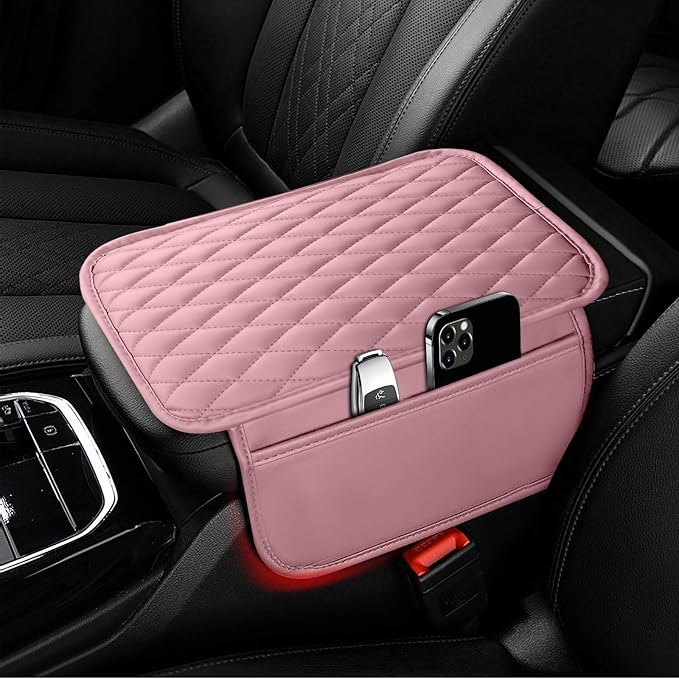 Car Center Console Cover, Upgraded Microfiber Leather Car Arm Rest Cover with 2 Storage Bags, Universal Armrest Cover for Car Storage Box Car Interior Accessories Protector for Most Vehicle-Pink