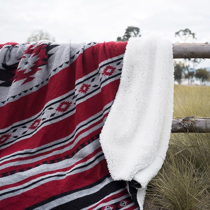 Aztec Patterned Throw Blanket with Soft Sherpa Lining, Traditional Southwestern Navajo Tribal Style Warm Throw for Camping, Outdoor, Light Weight Cozy Boho Blanket for Couch, Sofa, Bed, 50”x60”, Red