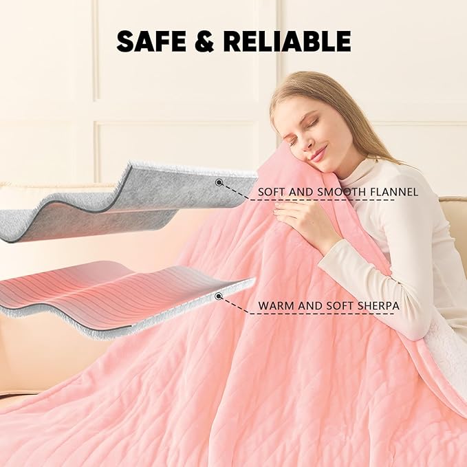 greenoak Heated Blanket Electric Full 72"X84", Heating Blanket with 10 Heat Levels 1/2/4/6/8 Hours Auto-Off, Soft Flannel Sherpa Warm Heater Christmas Blanket,Light Pink
