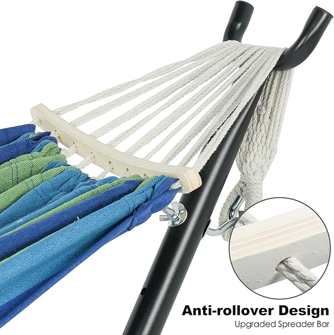 Gafete Double Hammock with Stand for Outside, Upgraded Spreader Bar, Heavy Duty Space Saving Steel Stand 2 Person, Side Pockets, Easy Assembly, 600lbs Weight Capacity, Indoor & Outdoor (Green Blue)