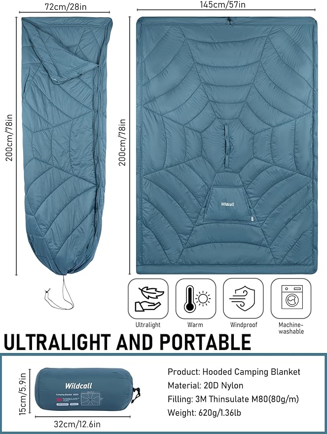 WildCall Hooded Camping Blanket with 3M Thinsulate Insulation Wearable Poncho Blanket Ultralight Foldable Quilt Sleeping Bag for Outdoor, Hiking, Stadium