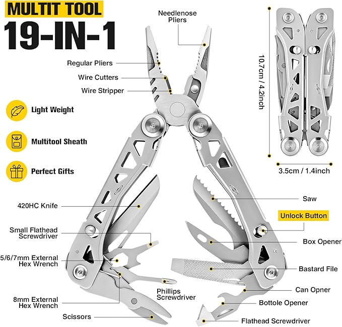Lightweight Multitool,19-in-1 Multipurpose Plier,420HC Knife,Bottle Opener,Saw,with Nylon Sheath Great for Camping, Hiking, Outdoor, Survival, Simple Repair