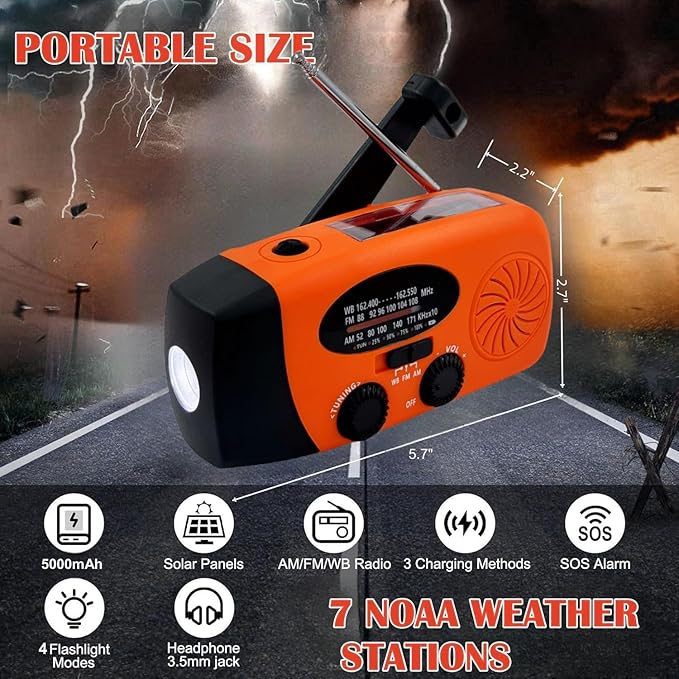 iRonsnow Solar Emergency Hand Crank Weather Radio, Portable Self Powered NOAA AM/FM Radios with SOS Alarm LED Flashlight 5000mAh Smart Phone USB Charger for Camping (Orange)