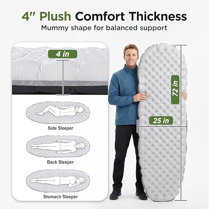 Elegear CumbreX™ Sleeping Pad for Camping with 9 R-Value, 4” Thick Ultralight Camping Sleeping Mat for All Seasons, Insulated Backpacking sleeping pad, Durable Camping Mattress for Outdoor Hiking Tent