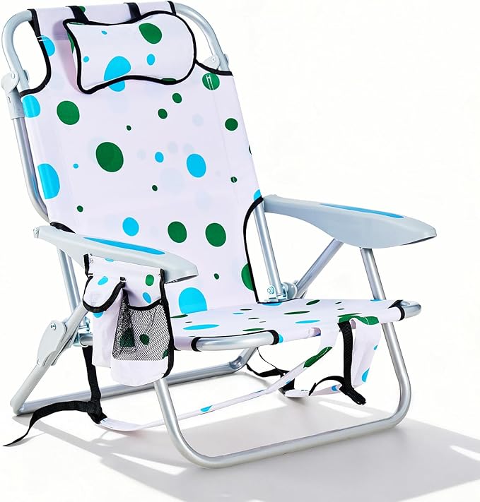 Portable Beach Chair for Adults, Outdoor Camping Chair Lay Flat Folding Backpack Beach Reclining Chair with 5 Positions, Headrest, Cup Holder, Heavy Geometric Circle