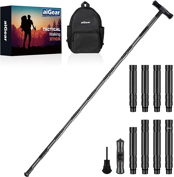aiGear G2 Tactical Stick Hiking Walking Staff - Trekking Poles Outdoor Adjustable Hiking Stick for Camping Hiking 5-8 Tubes（with Multitool）