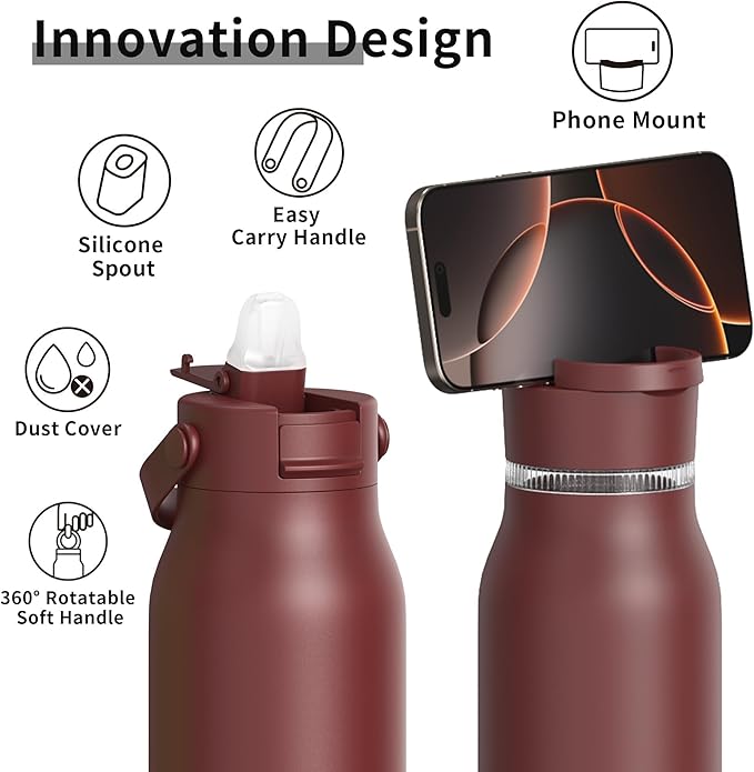 LISI 40oz Insulated Water Bottle, Double Wall Stainless Steel Water Bottles with Straw, 100% Leak-Proof Travel Thermal Canteen Mug with 2 Lids (Straw, Phone Holder Lid)