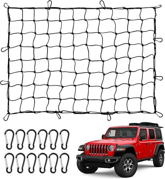 Reniteco Heavy-Duty 3'x4' Cargo Net Stretches to 6'x8' - Secures Heavy Loads with 12 Metal Carabiners, 4"x4" Mesh, Weather-Resistant & Includes Storage Bag for Trucks, SUVs, Jeeps, Trailers & Boats