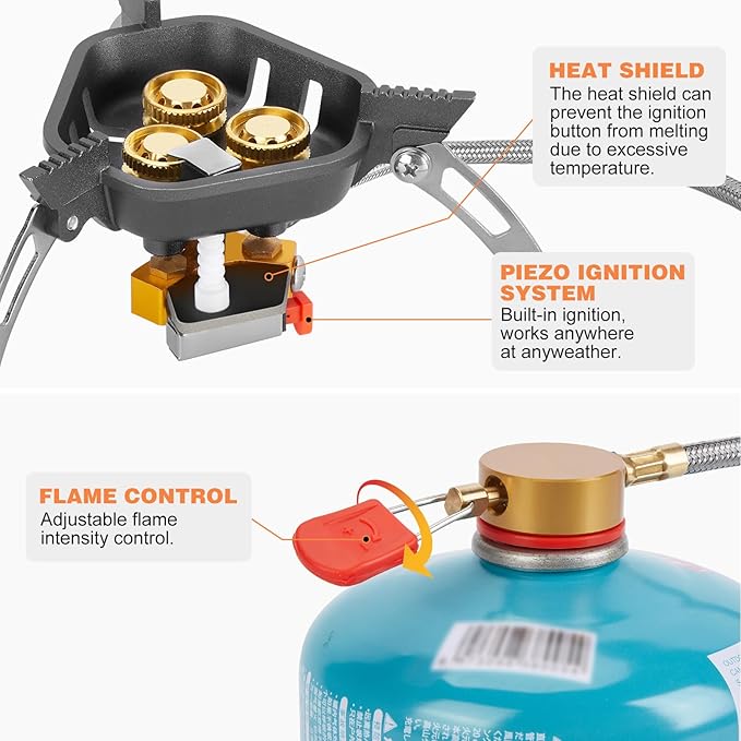 WADEO 7200W Windproof Camping Stove, Camping Gas Stove with Piezo Ignition, Two Fuel Canister Adapter, Carry Case, Portable Stove, Backpacking Stove for Outdoor Backpacking Hiking and Picnic