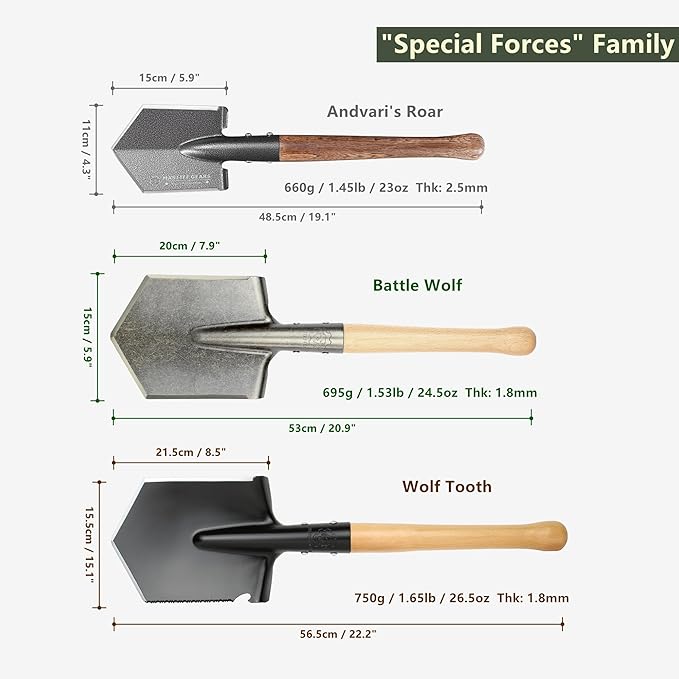 MASTIFF GEARS Battle Wolf Military-Grade Survival Shovel - Heavy Duty Carbon Steel w/Hardwood Handle | All-Weather for Camping, Hiking, Off-Road, Emergency | Digs Dirt/Sand/Snow/Mud (Battle Wolf)
