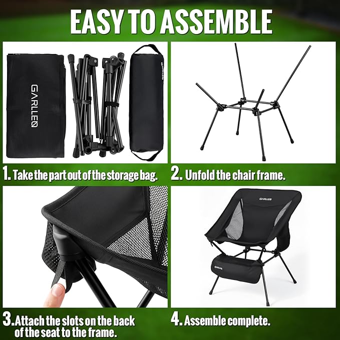 GARLLEN Portable Camping Chair 400LBS Capacity, Folding Backpacking Chair with Both Side Pockets, Folding Travel Chair with Carrying Bag & Anti-Slip Feet for Camping, Hiking, Picnic, Beach