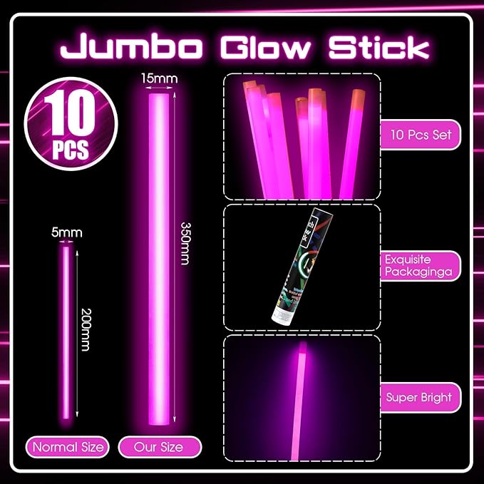 Lewtemi 10 Pcs Large Glow Sticks Big Giant Jumbo Halloween Christmas Emergency Light Stick for Camping Accessories, Survival Kit