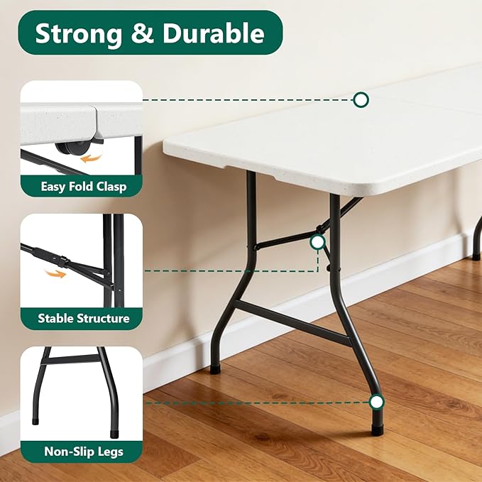 6ft Folding Table, Foldable Picnic Table Portable Table for Indoor Outdoor Use Heavy Duty Plastic Table Camping Table with Carry Handle for Party, BBQ, White