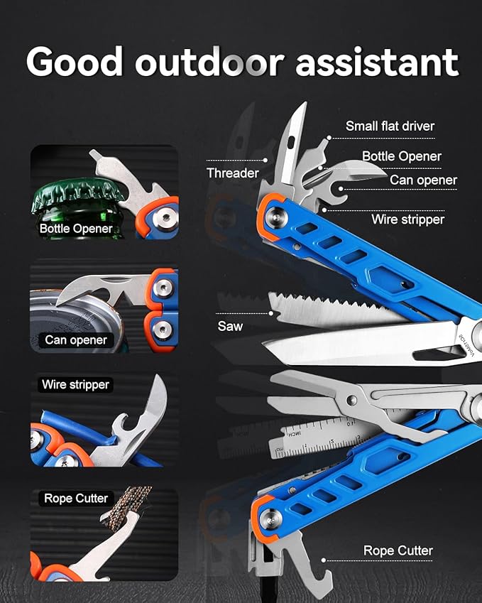 Multitool 15-in-1 Stainless Steel Multi Tool Pliers with Knife, Spring-Action Pliers and Scissors, Multitool for Survival, Camping, Hiking, Gifts for Men (Blue)