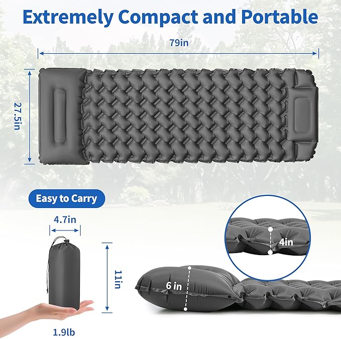 Sleeping Pad for Camping - 4” Thick Inflatable Camping Mat with Built-in Pump & Pillow, Ultralight Self Inflating Camping pad, Backpacking Sleeping Mat for Hiking, Tent, Traveling