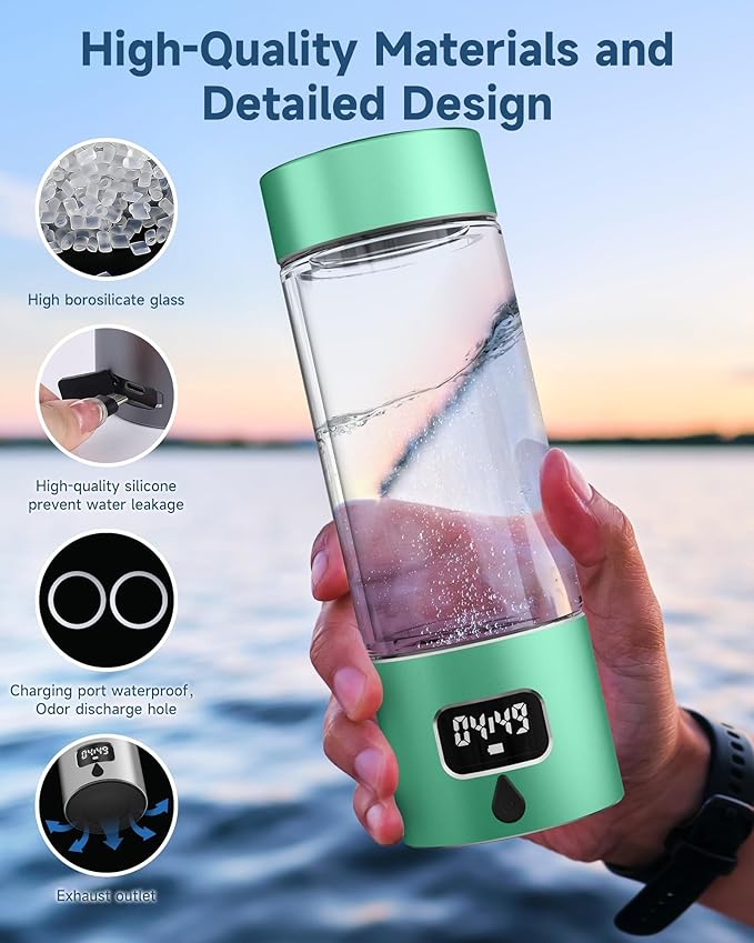 340ml Portable Hydrogen Water Bottle Generator with PEM-SPE Technology, Glass Exterior & Aluminum Shell, Produces 5000 ppb Hydrogen in 10 Minutes, for Home, Gym, Office & Travel