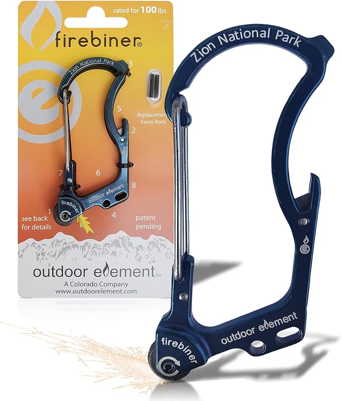 OUTDOOR ELEMENT Firebiner Custom Engraved 6-in-1 Fire Starter Carabiner Multitool – Survival Gear EDC Keychain with Utility Blade, Bottle Opener, Screwdriver, Emergency Tool