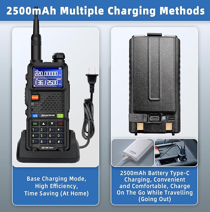 BAOFENG UV-10R MAX Ham Radio Handheld 10W Long Range Rechargeable Walkie Talkies Tactical NOAA Weather Two-Way Radios with 2500mAh USB-C Charging Battery,Mic for Survival Gear,Adults,Gifts,2 Pack