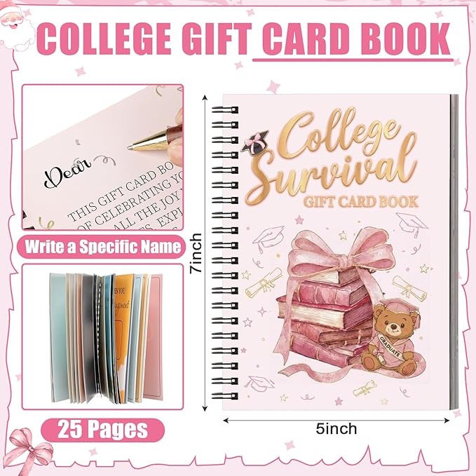 Zhanmai College Gift Card Book 7 x 5 Inch Graduation Gift Card Book 2026 College Survival Booklet Organizer Leaving Home High University School Birthday Care Package Cash Holder(Pink Bow)