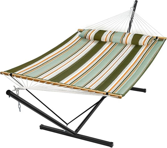 SUPERJARE Hammock with Stand, 2 Person Quilted Outdoor Hammock, Detachable Pillow & Bamboo Spreaders, Portable Hammock with Carrying Bag, Heavy Duty Stand, Perfect for Outside, Patio, Retro Green