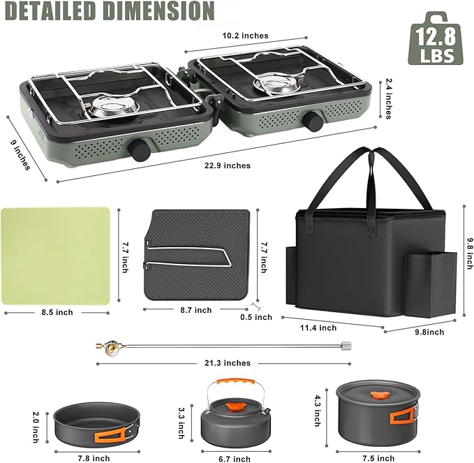 Hisencn 2 Burner Propane Camping Stove, 30000 BTU Foldable Portable Gas Stove with Cookware Set & Carry Bag, Outdoor Cooking for Camping, RV, Emergency Use, Green
