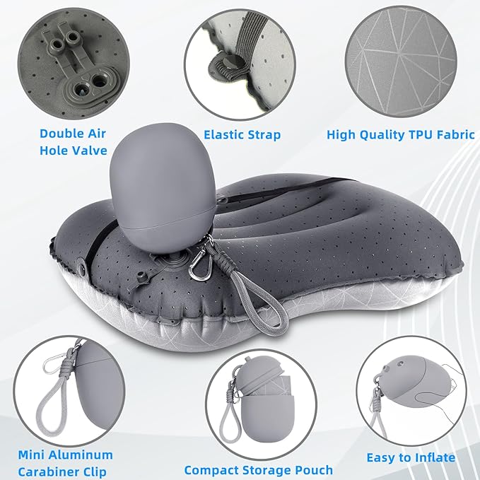 Crisonky Camping Inflatable Pillow with 2-in-1 Silicone Air Pump Storage Bag – Ultralight Travel Pillow for Airplane, Lumbar Support, Dual Valve Easy Inflate, Compressible Ergonomic (Grey)