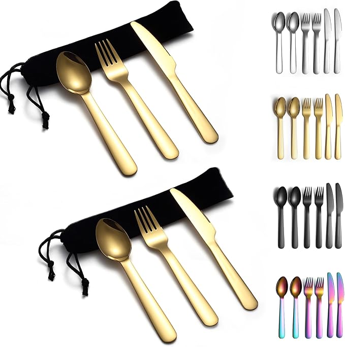 Evanda Portable Silverware Set Set of 2 Packs, Include Knife Fork Spoon, Gold Titanium Plating Cutlery Set With Black Bag, For Home Kitchen Camping Travel, Dishwasher Safe