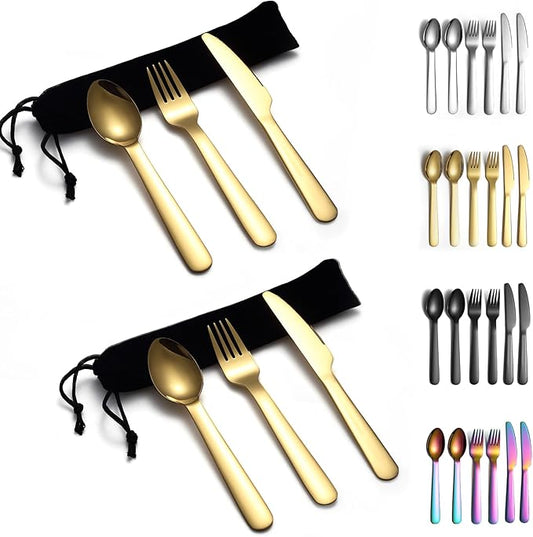 Evanda Portable Silverware Set Set of 2 Packs, Include Knife Fork Spoon, Gold Titanium Plating Cutlery Set With Black Bag, For Home Kitchen Camping Travel, Dishwasher Safe