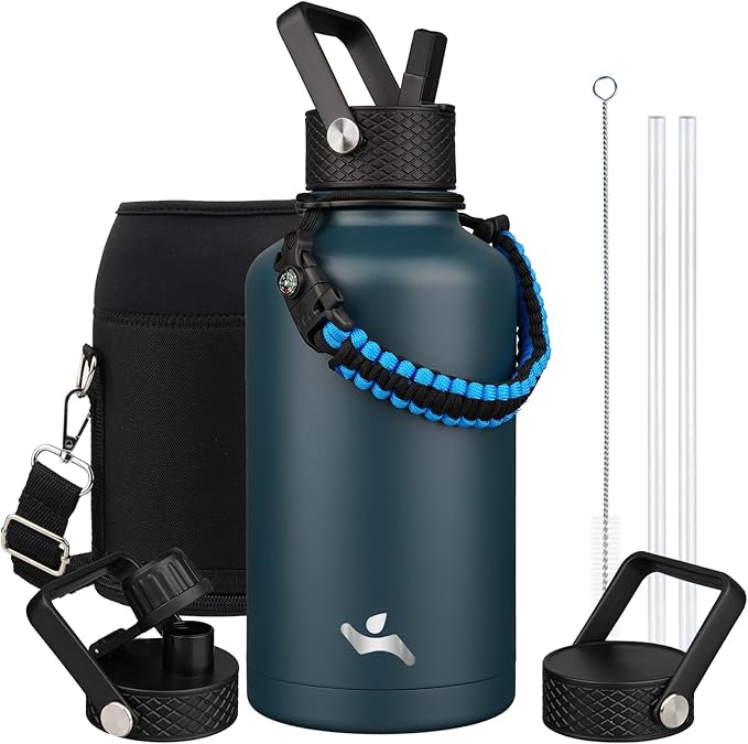 Konokyo Half Gallon Insulated Water Bottle with Straw,64 oz 3 Lids Water Jug with Carrying Bag,Paracord Handle,Double Wall Vacuum Stainless Steel Metal Flask,Navy Blue