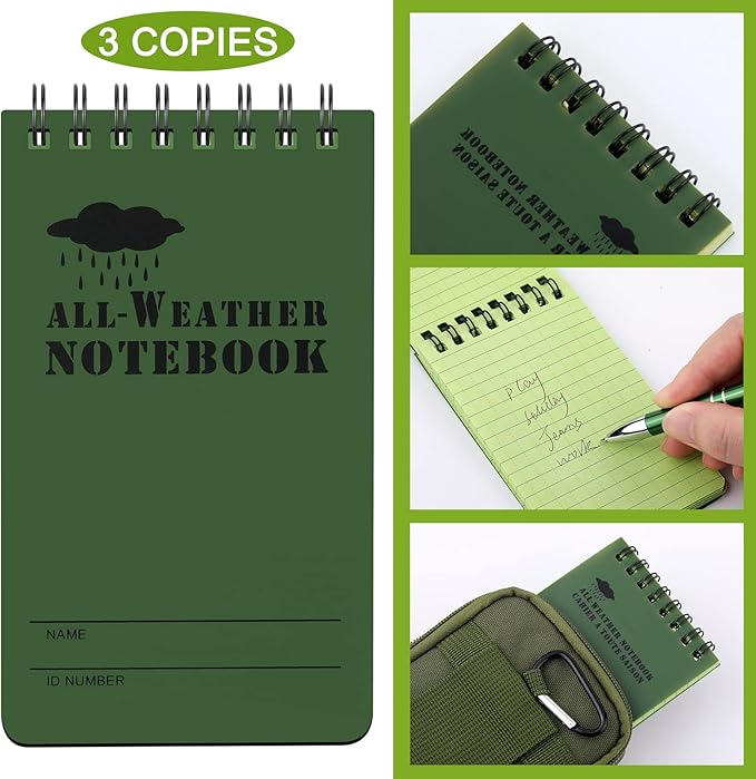 Eaasty Waterproof Notebook and Pen Set 3 x 5 Inch Pocket Tactical Notebook with 1 Metal Weatherproof Pen and 1 Fabric Cover for Outdoor Activities Recording(Army Green,5 Pcs)