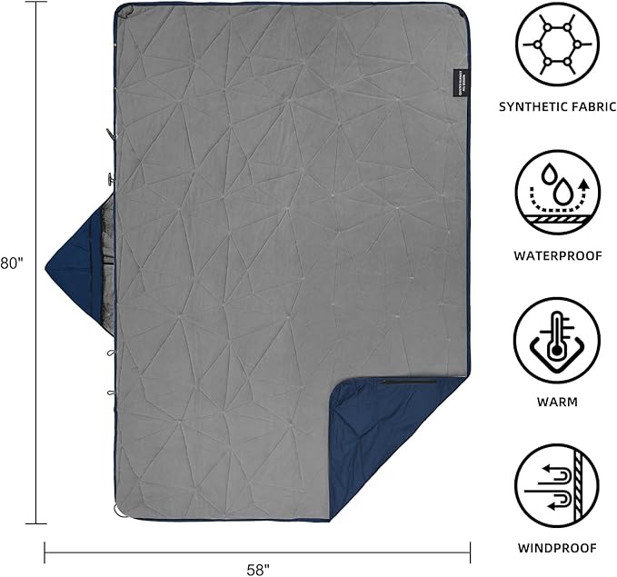 Large Outdoor Waterproof Blanket Extra Thick Fleece Stadium Blanket for Camping, Car, Pet, Picnics - Windproof, Wearable, Machine Washable 80" x 58" (Deep Blue,Hooded)