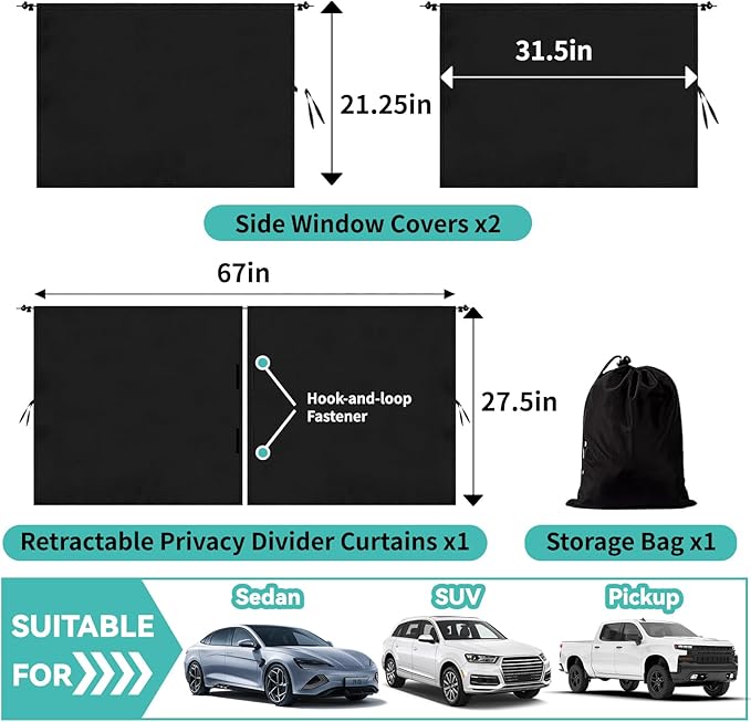 4 Pcs Lager Double Layer Thickened Car Curtains Set, 98% Light Blocking Car Window Shades Covers,2 Side Window Covers, 1 Divider Curtain & 1 Storage Bag, Sedan SUV Accessories for Camping Sleeping